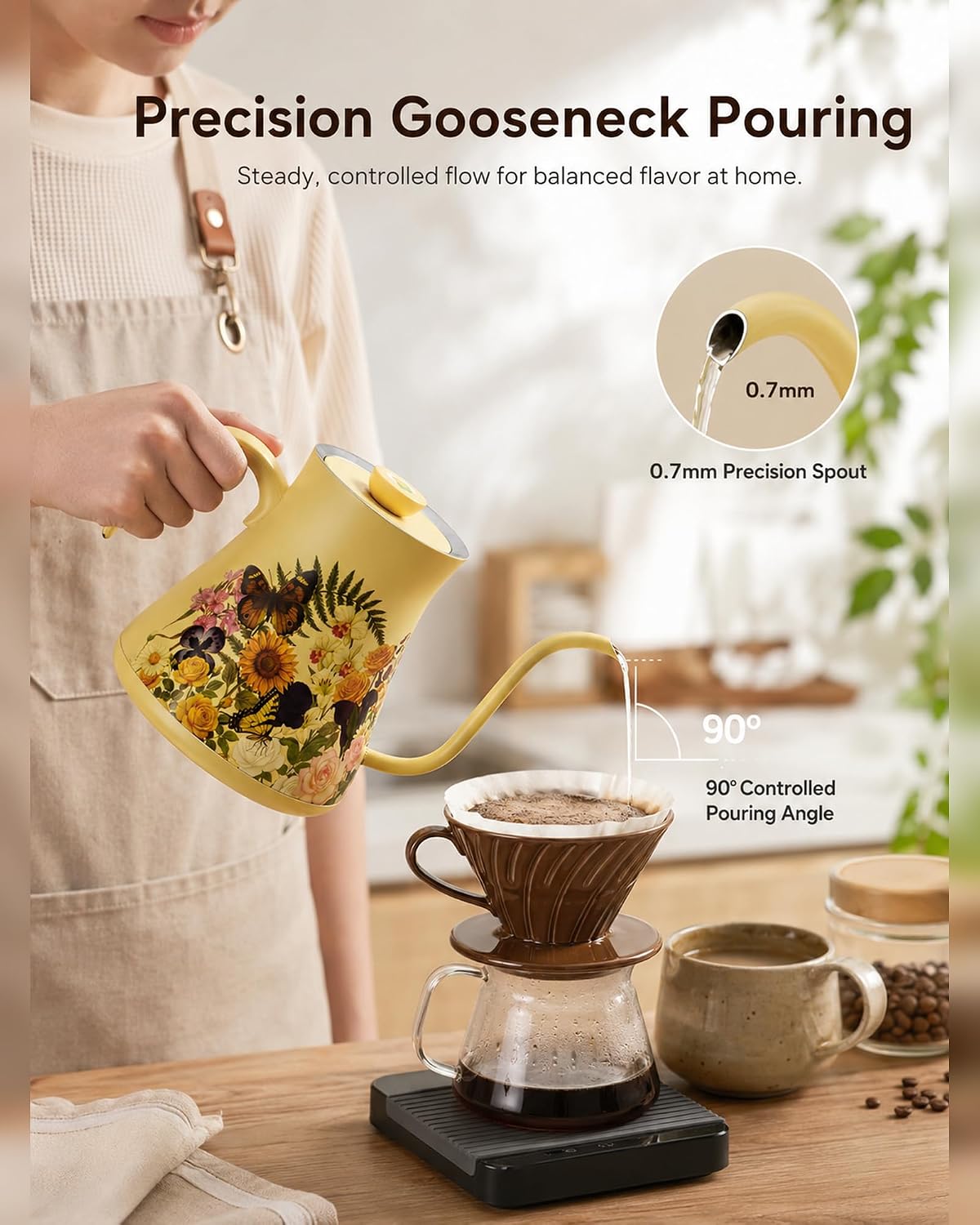 0.8L/27oz Gooseneck Electric Kettle - ±1℉ Precise Temperature Control for Pour Over Coffee & Tea, 1200W Fast Heating