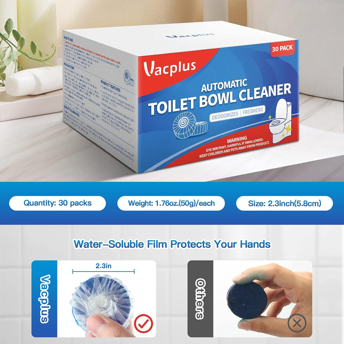 Toilet Bowl Cleaner Tablet, Commercial Bathroom Cleaners, 30 Pack