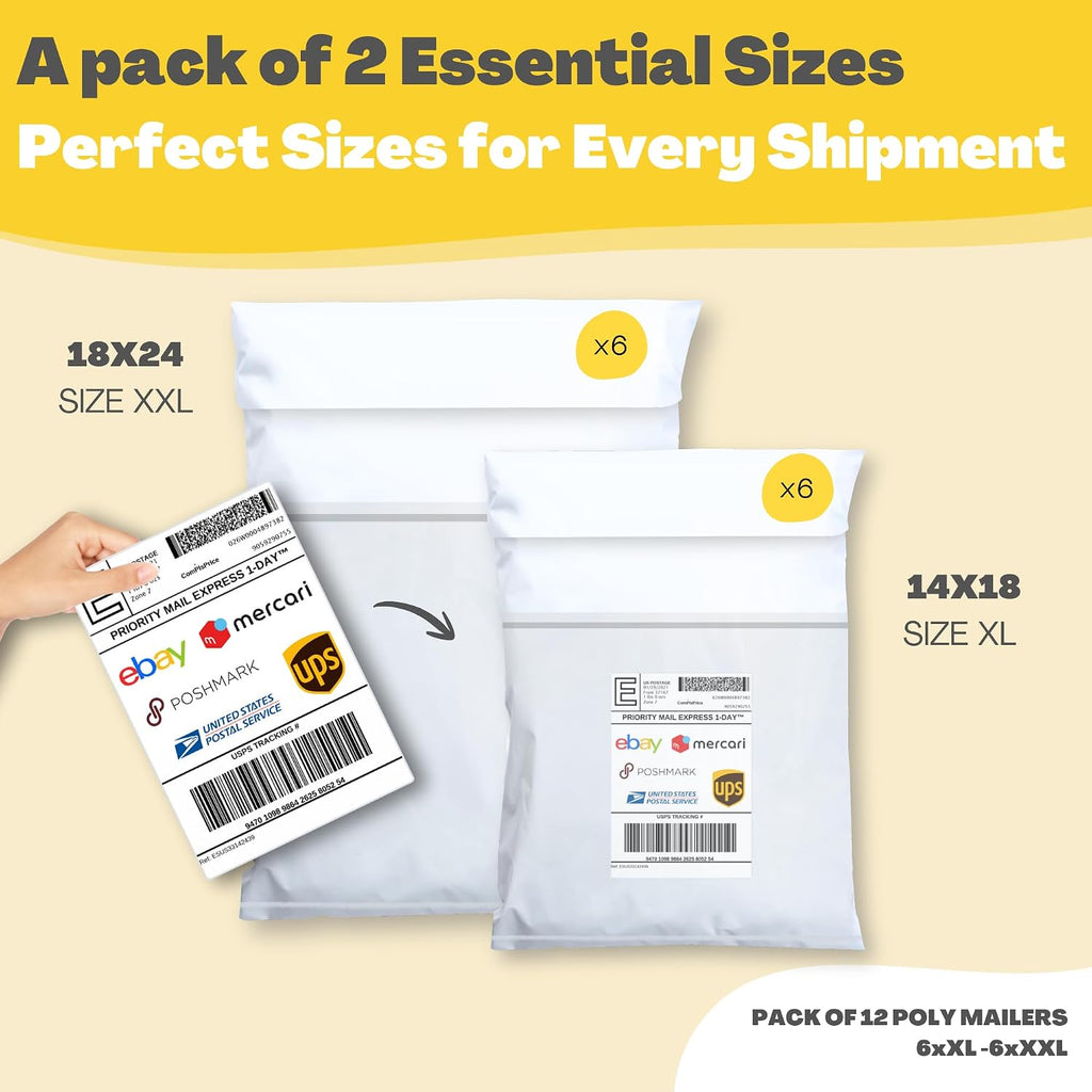Shipping Bags (12 Pack) with Label Pouch - 14x18 & 18x24 - Poly Mailers for Clothes, Self-Seal Plastic Mailing
