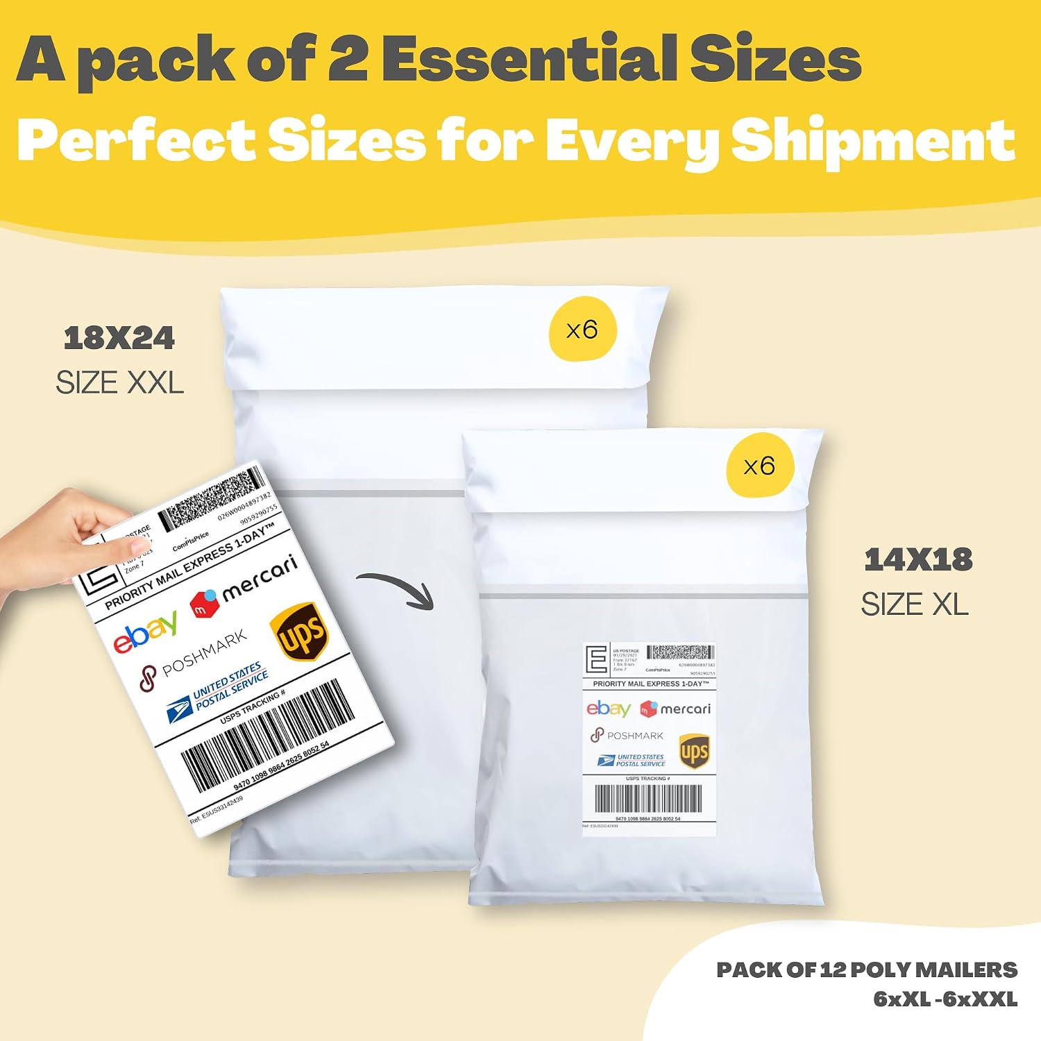 Shipping Bags (12 Pack) with Label Pouch - 14x18 & 18x24 - Poly Mailers for Clothes, Self-Seal Plastic Mailing