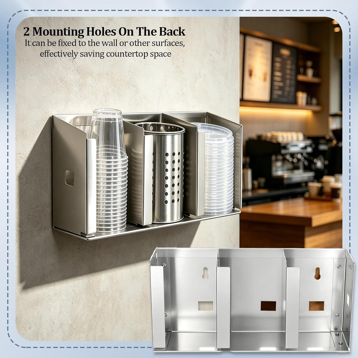 3 Compartments Stainless Steel Cup Dispenser with Adjustable Dividers