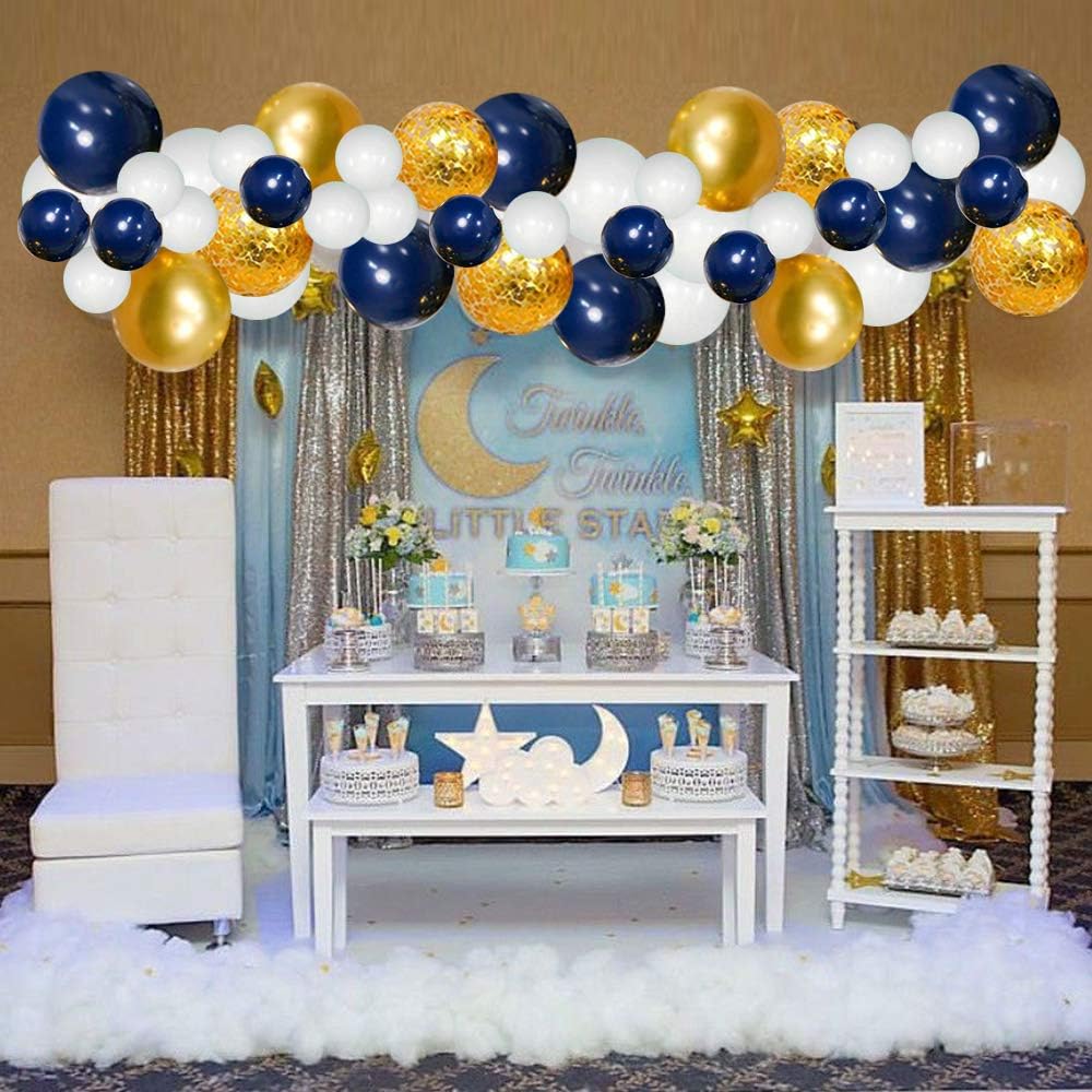 Navy Blue Gold Balloons Garland Kit, 120 pcs Navy and Gold Confetti White Balloons Arch for Graduation Birthday Party