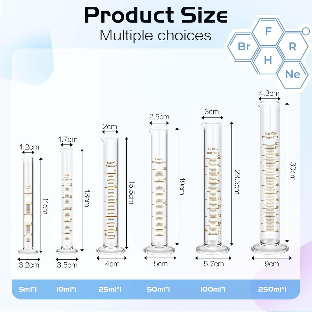 6 Glass Graduated Cylinders 5-250ml with Test Tubes Rack Lab | 6 Measuring Sizes for Experiments, Includes Test Tubes