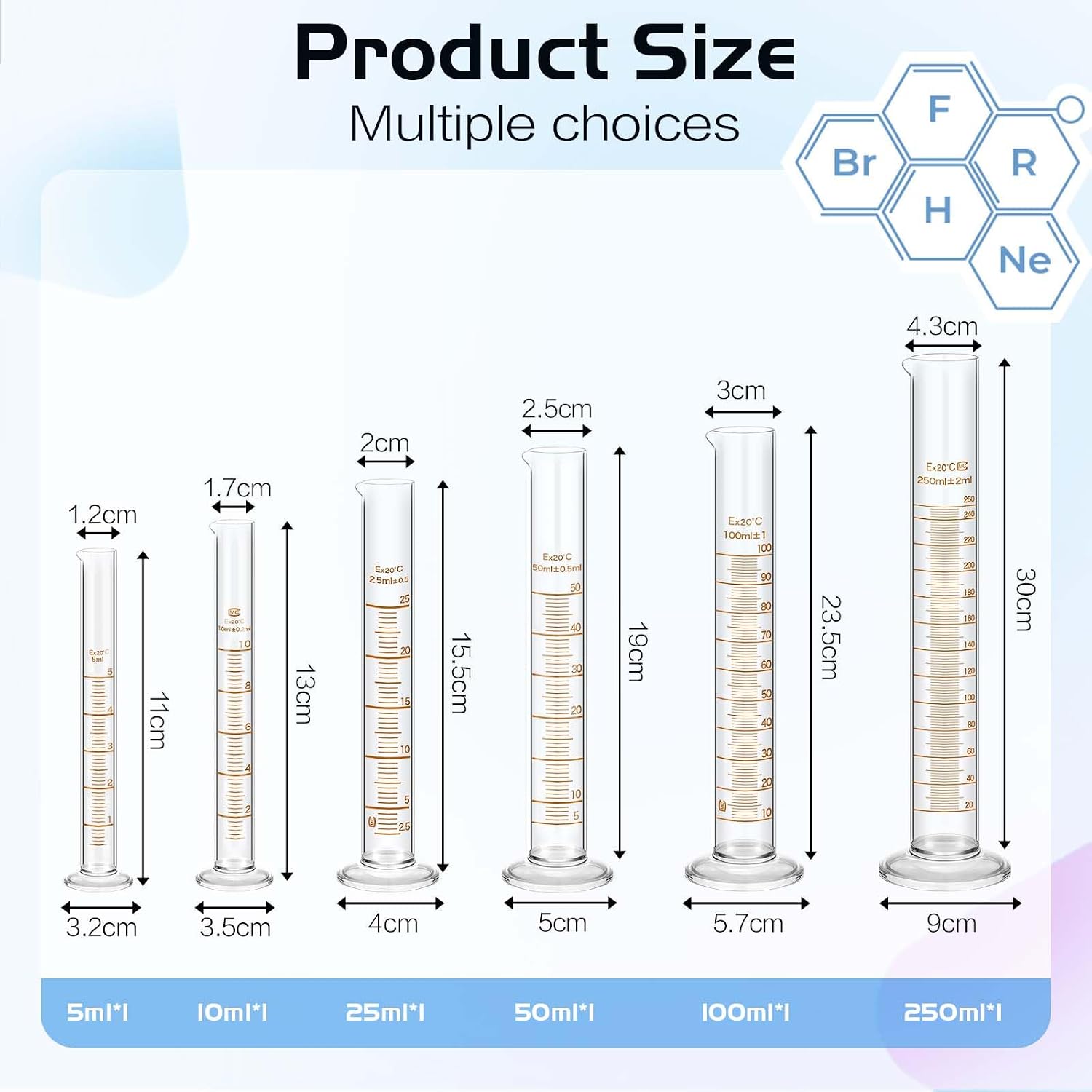 6 Glass Graduated Cylinders 5-250ml with Test Tubes Rack Lab | 6 Measuring Sizes for Experiments, Includes Test Tubes