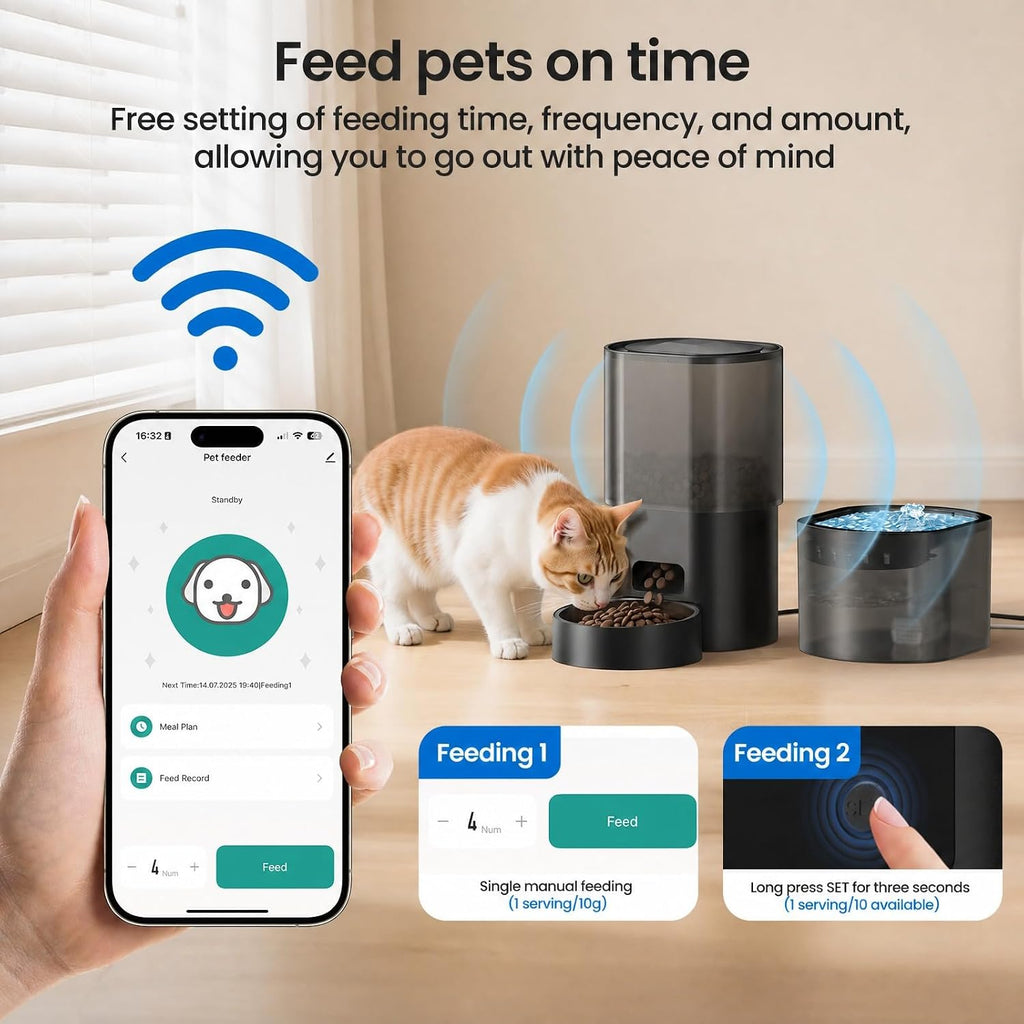 Automatic Cat Feeder and Water Fountain 2-in-1, Smart Timed Cat Food Dispenser with 2.4G WiFi APP Control, Automatic