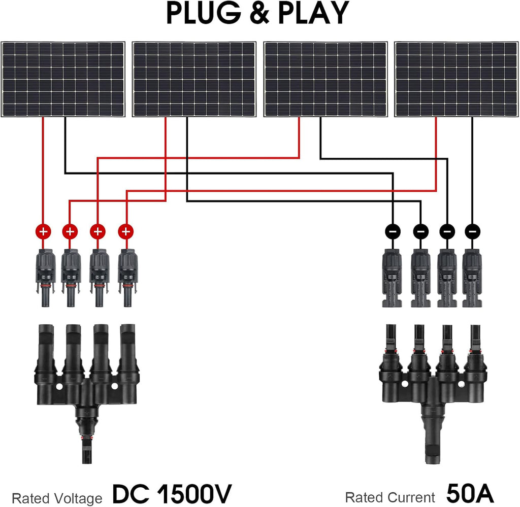Solar T-Branch Connectors 4 to 1 Solar Panel Parallel Adapter,1Pair | Solar Y Splitter,Quick-Connect, 1 M to 4 F and