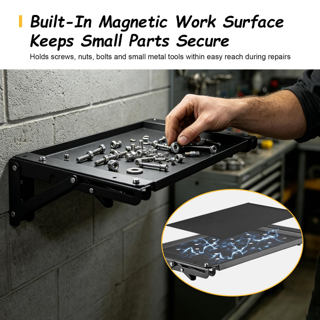Wall-Mounted Folding Metal Workbench with Magnetic Tool Tray