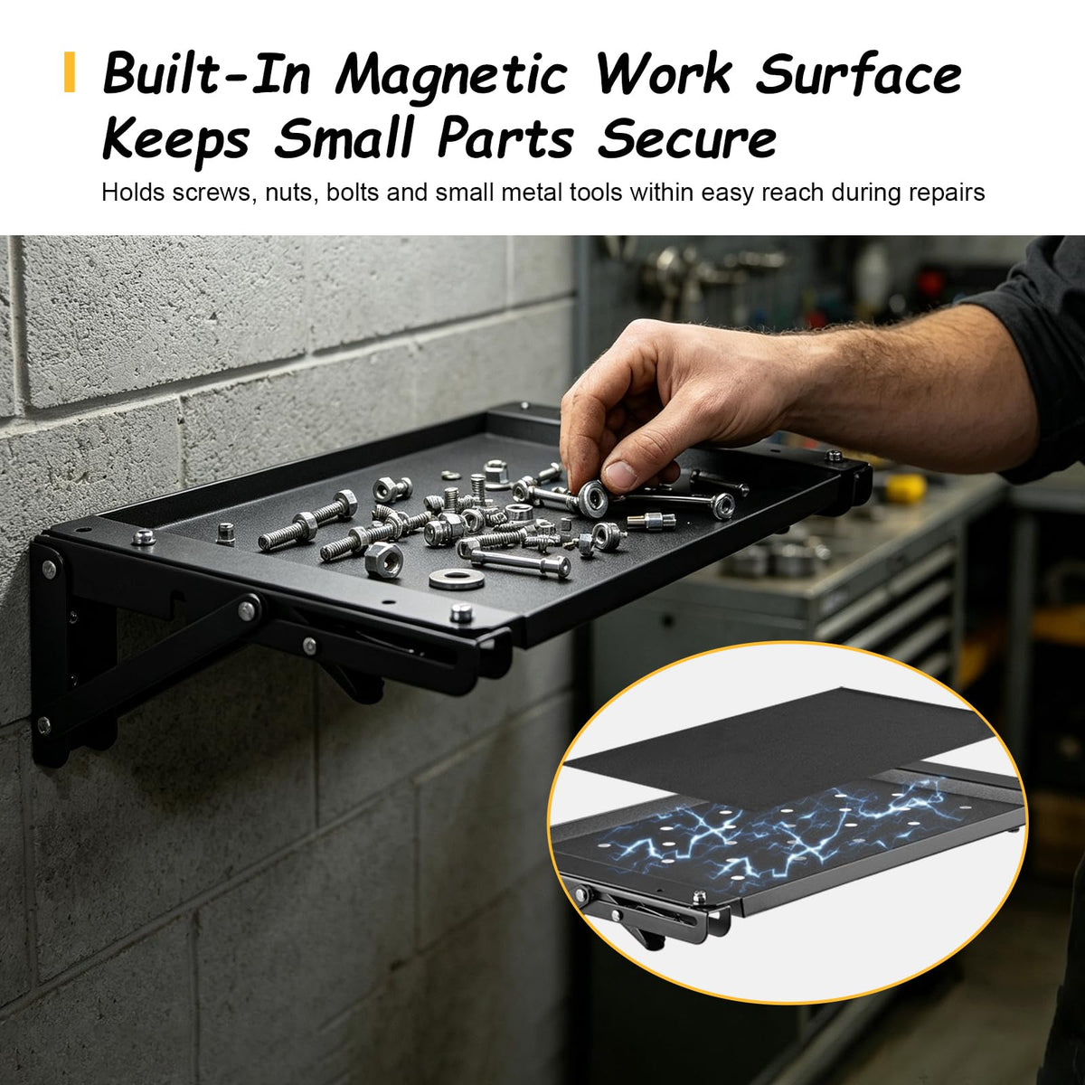 Wall-Mounted Folding Metal Workbench with Magnetic Tool Tray