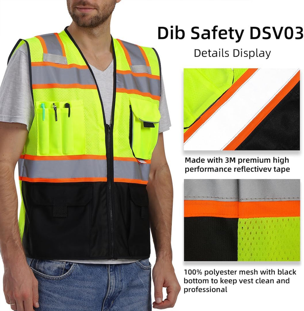Reflective Safety Vest with Pockets Zipper, Yellow and Black L | Made with 3M Reflective Tape, ANSI Class 2 Compliant