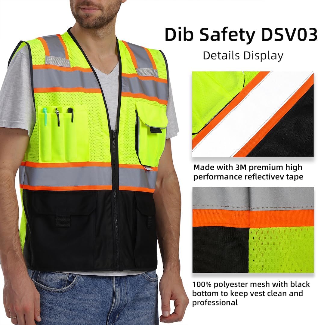 Reflective Safety Vest with Pockets Zipper, Yellow and Black L | Made with 3M Reflective Tape, ANSI Class 2 Compliant