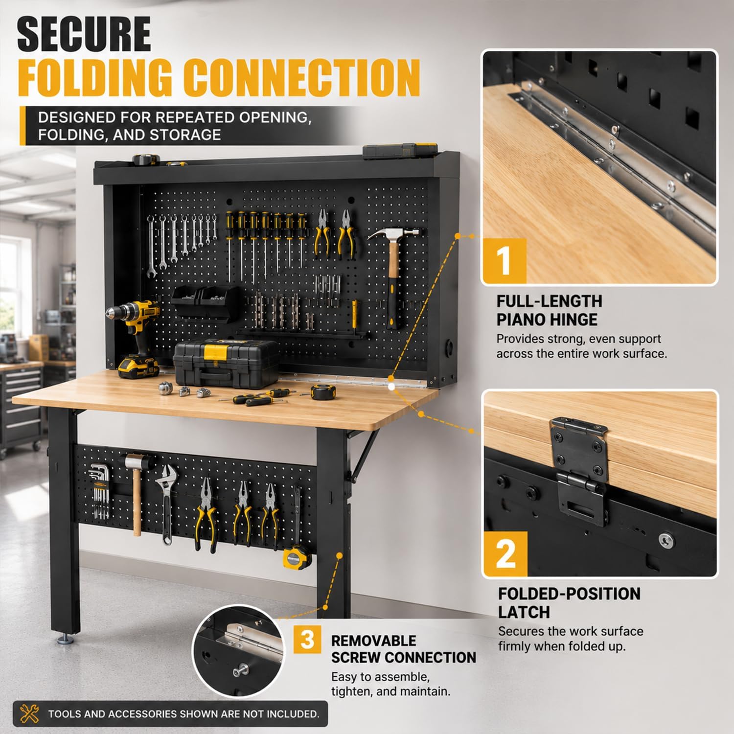 Wall Mounted Fold Down Workbench with Pegboard Organizer, Heavy Duty Folding Work Table with Storage Shelf, Space