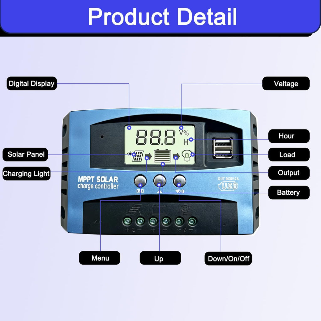 60A MPPT Solar Charge Controller Solar Panel Regulator - Auto-Detect 12V/24V System with Adjustable LCD Display Dual