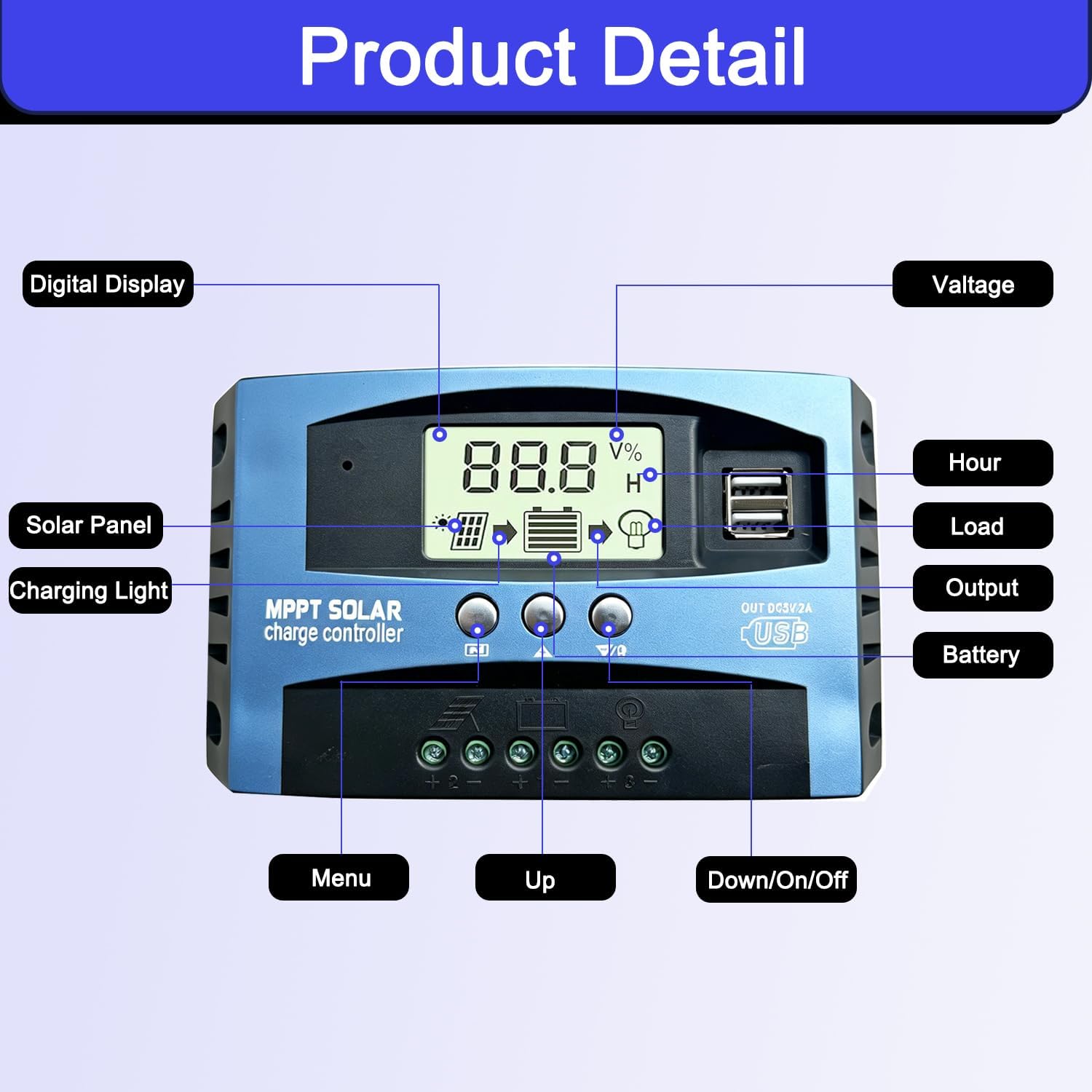 60A MPPT Solar Charge Controller Solar Panel Regulator - Auto-Detect 12V/24V System with Adjustable LCD Display Dual