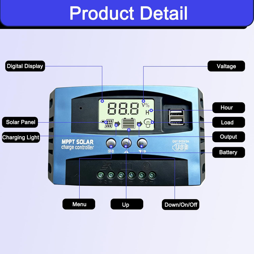 30A MPPT Solar Charge Controller Solar Panel Regulator - Auto-Detect 12V/24V System with Adjustable LCD Display Dual