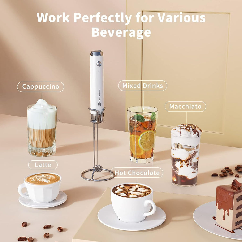 LunaFro Rechargeable Milk Frother,Stand & 2 Detachable Whisks | 8000RPM Turbo Motor, 1200mAh lithium battery