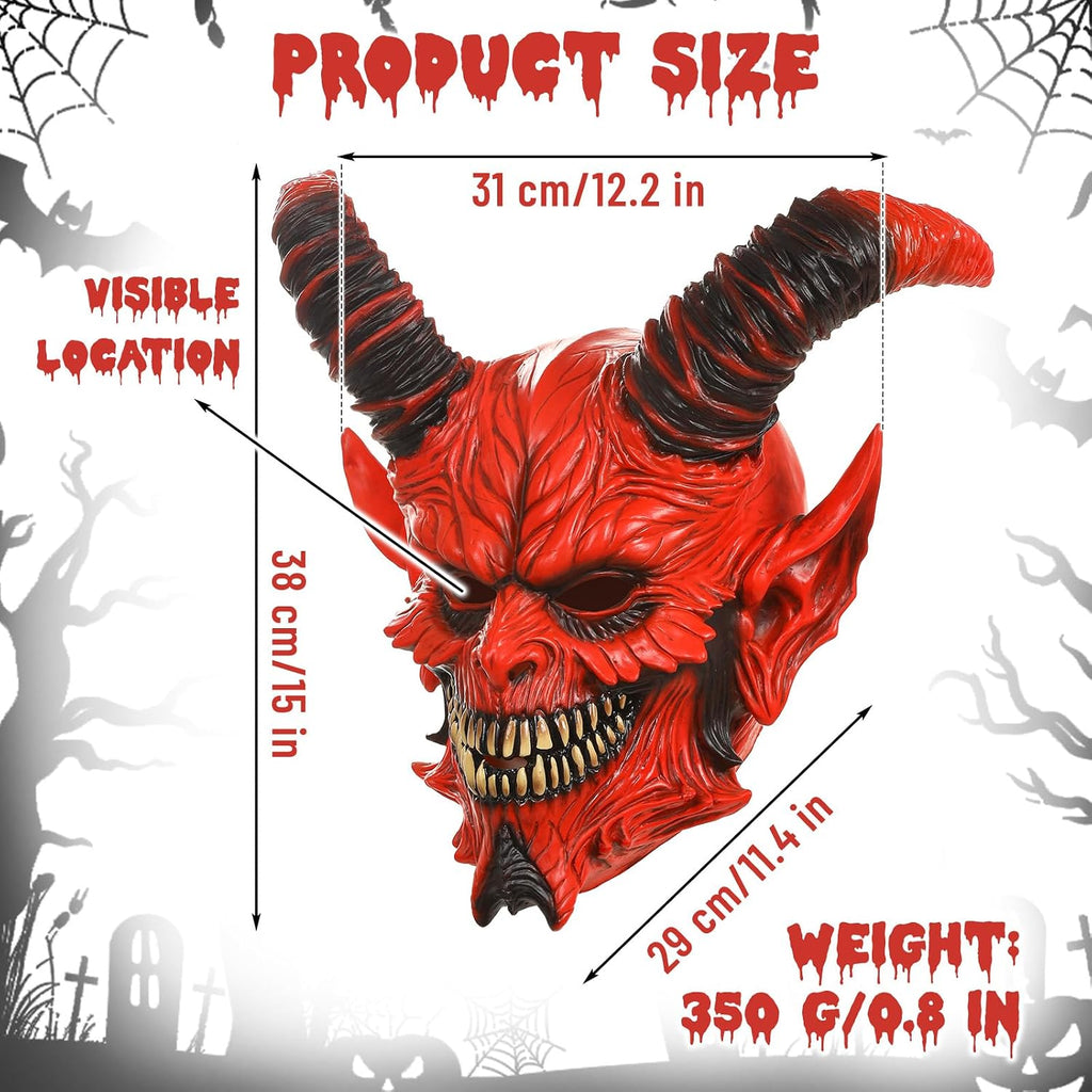 Horror Red Devil Mask Scary Demon Vampire Mask Full Head Ram Horn Latex Headgear Halloween Cosplay Props for Adults