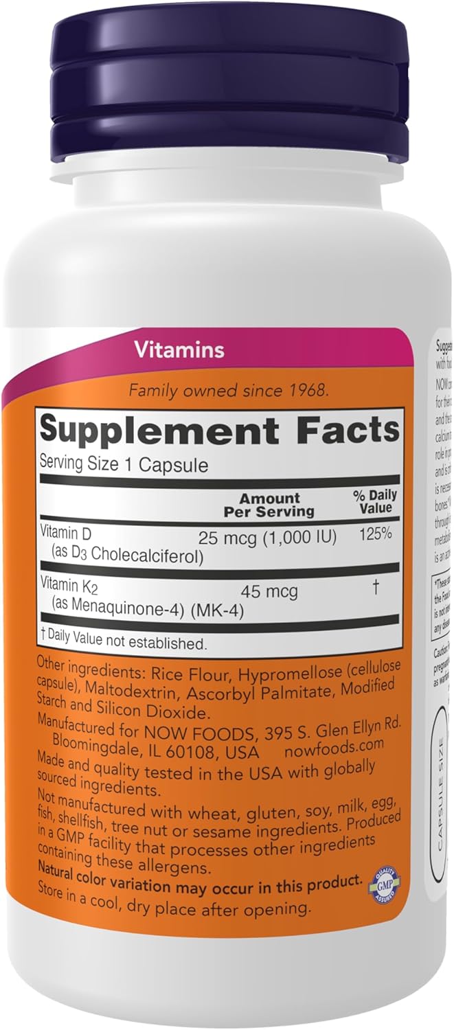 NOW Supplements, Vitamin D-3 & K-2, 1,000 IU/45 mcg,Plus Cardiovascular Support*, Supports Bone Health*, 120 veg