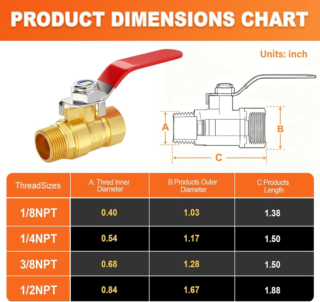 GASHER 1PCS 1/2 Inch Brass Mini Ball Valve, Shut Off Valve, 1/2 Inch Male x Female NPT Thread Pipe Fitting