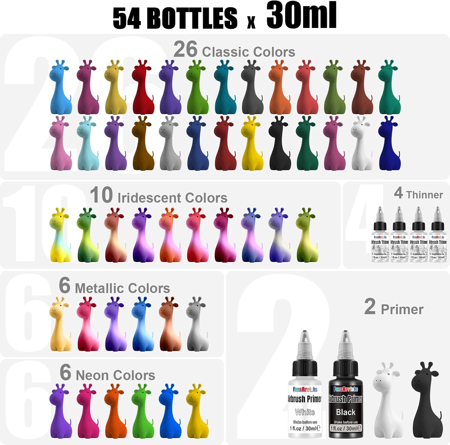 Airbrush Paint, 48 Colors (1 fl oz) with 4 Thinner & 2 Primer | Ready to Spray Water-Based Metallic & Neon &