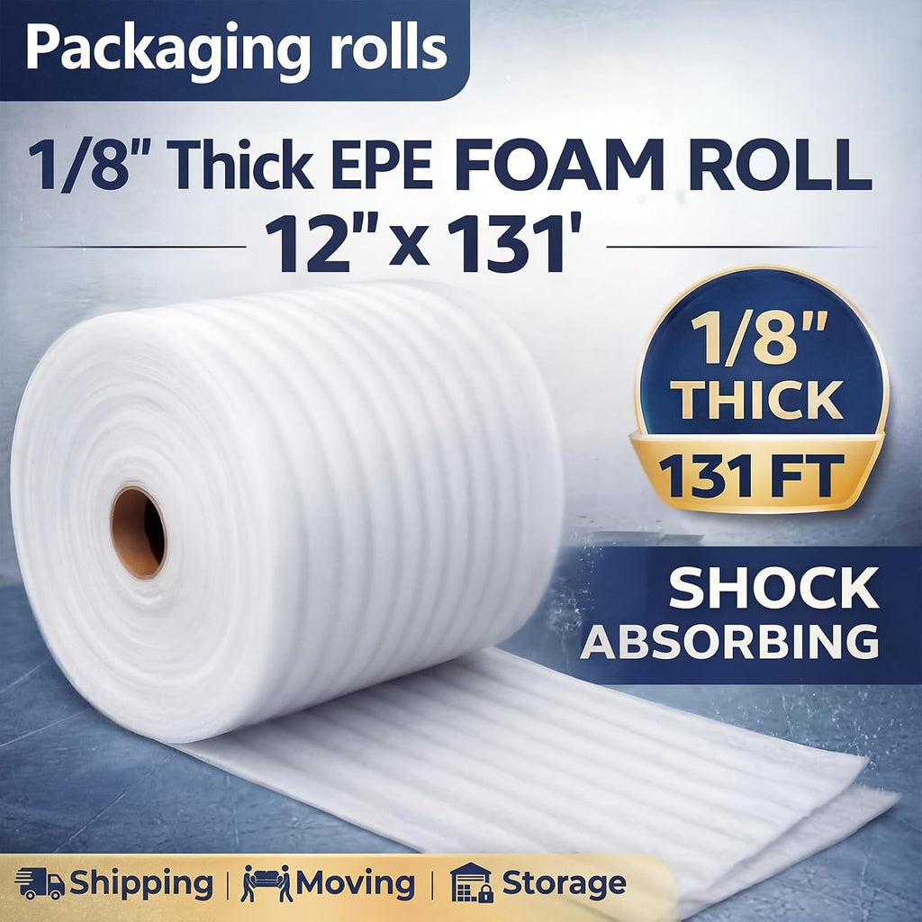1/8" Thick EPE Foam Roll 12" x 131' Packaging Foam Roll Protective Cushion Material for Fragile Items Moving