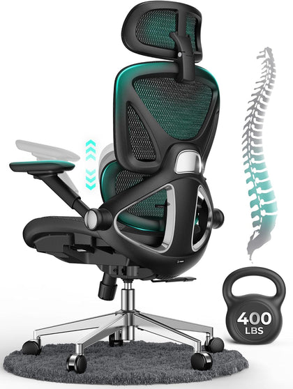 Ergonomic Mesh Office Chair, Adjustable Lumbar High Back Desk Chair 400lbs, 4D Flip-up Arms, 3-Level Tilt Backrest