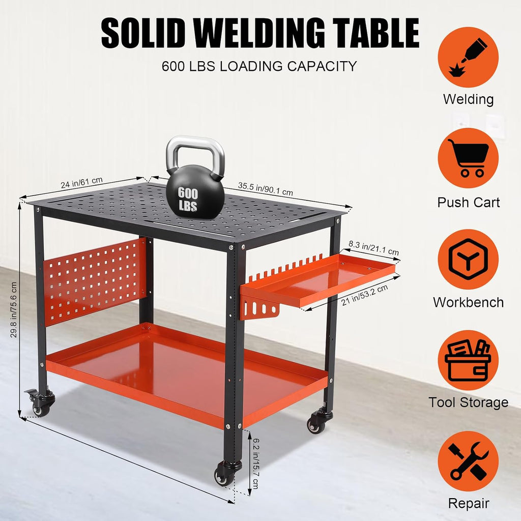 Heavy Duty Portable Steel Workbench Table,600 lbs Load,5/8-Inch Fixture Holes,Double-Layer Storage, Pegboard, Tool
