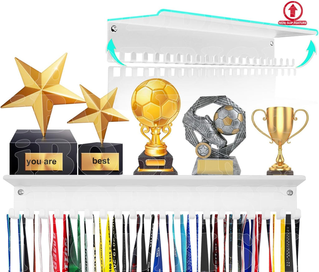 Metal Medal Hanger Display,Non-Slip Trophy Shelf with 20 Hooks,Wall Mount,Heavy Duty,Non-Bent,Holds 22-33lbs