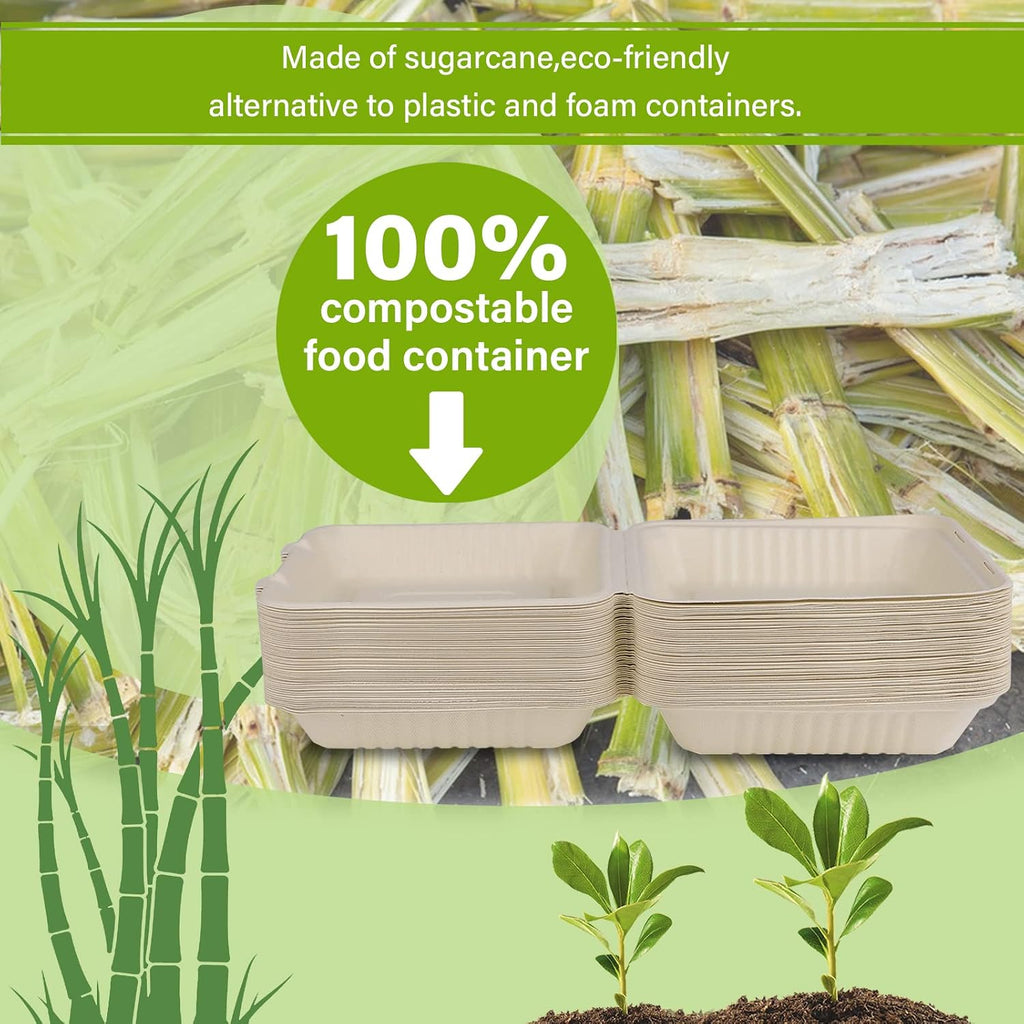 9X9 Compostable Clamshell Take Out Food Container 100 Pack