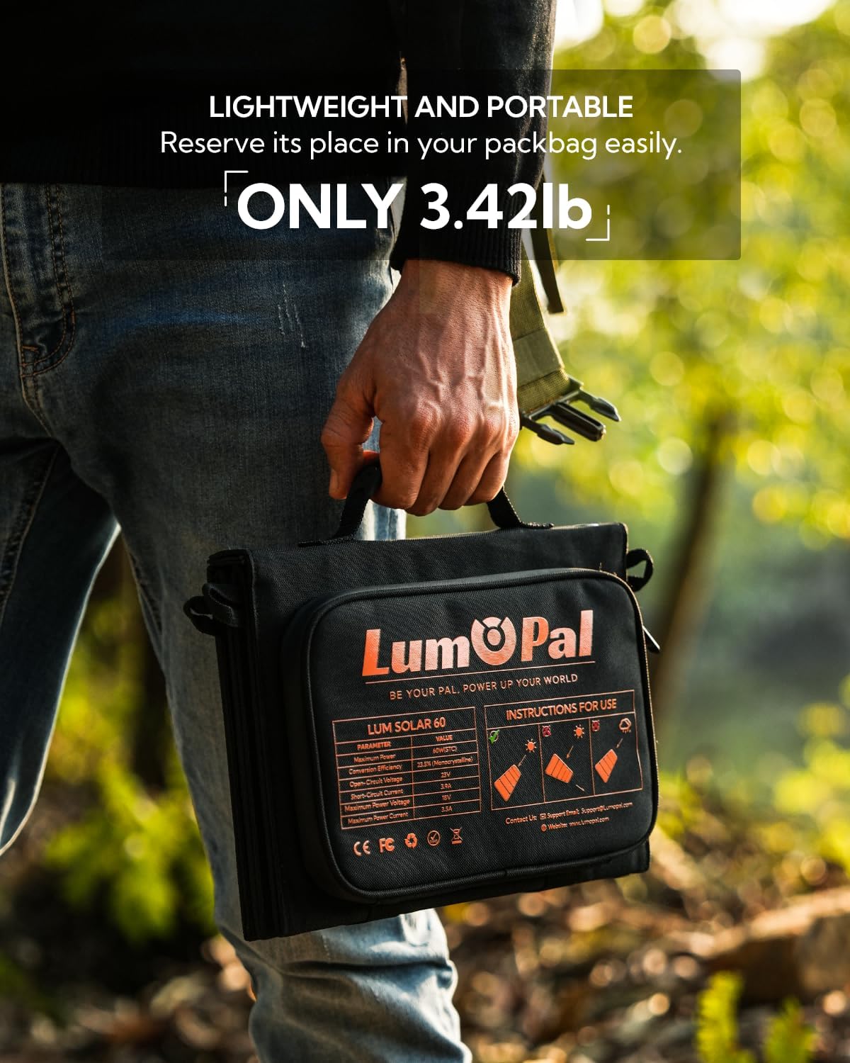 Portable Solar Panel, LUMOPAL 60W Foldable Solar Panels Folding Solar Charger with PD60W USB C QC3.0 USB A Output