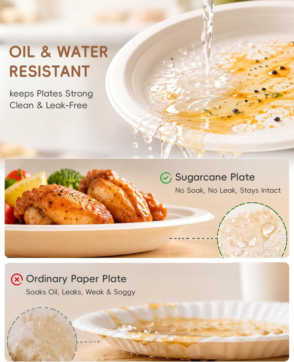 10 Inch White Compostable Sugarcane Paper Plates, 100 Pack