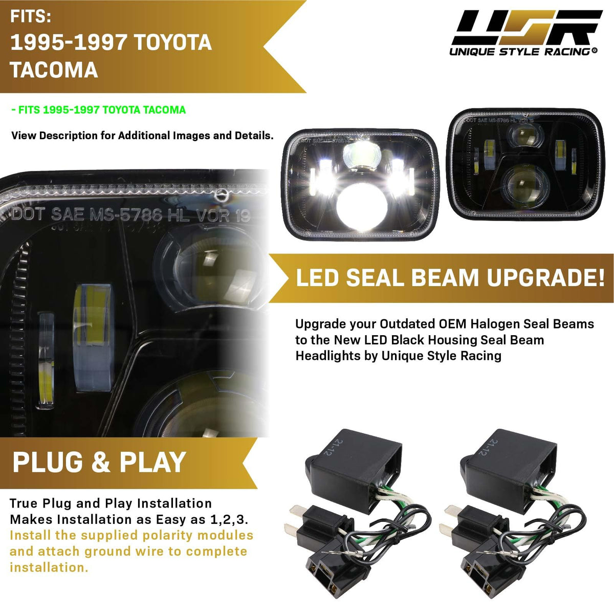 USR 95-97 Tacoma Pick Up 7x6 H6054 LED Sealed Beam Projector Headlight WITH Polarity Correction Module Low/High Beam