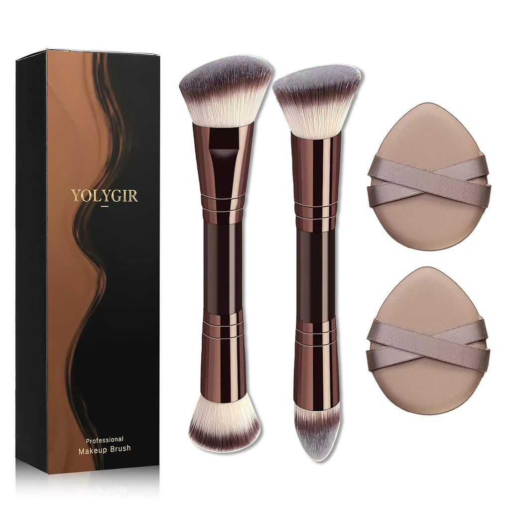 2 Dual-Ended Makeup Brushes - Foundation Powder Brushes with puff (Brown)