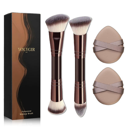 2 Dual-Ended Makeup Brushes - Foundation Powder Brushes with puff (Brown)