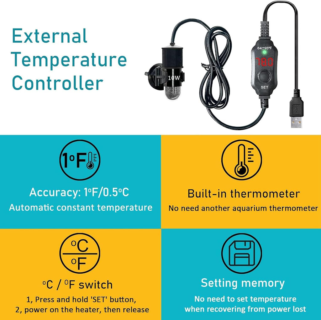 USB 10W Mini Submersible Aquarium Heater Adjustable Fish Tank Heater | Used for 0.5-1 Gallons, Built-in Thermometer