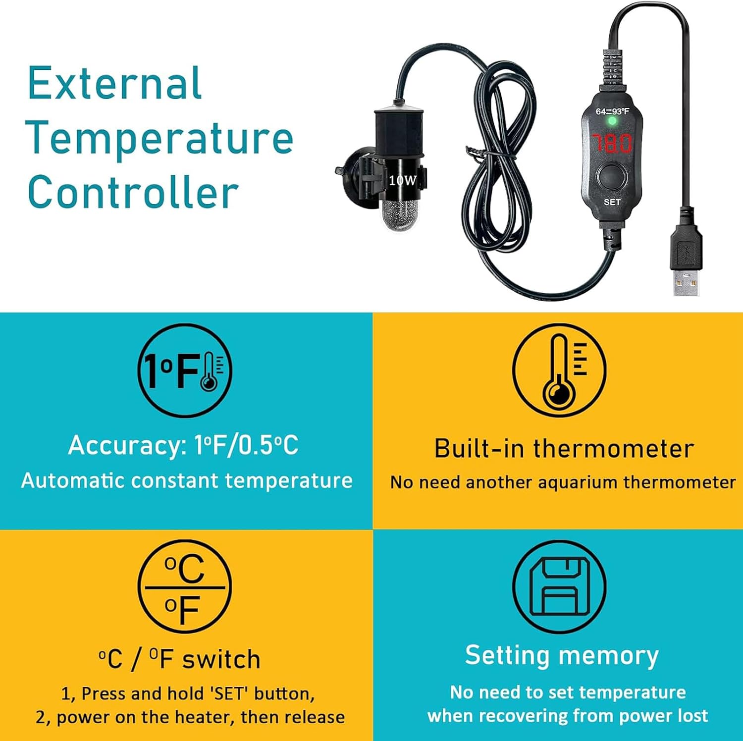 USB 10W Mini Submersible Aquarium Heater Adjustable Fish Tank Heater | Used for 0.5-1 Gallons, Built-in Thermometer