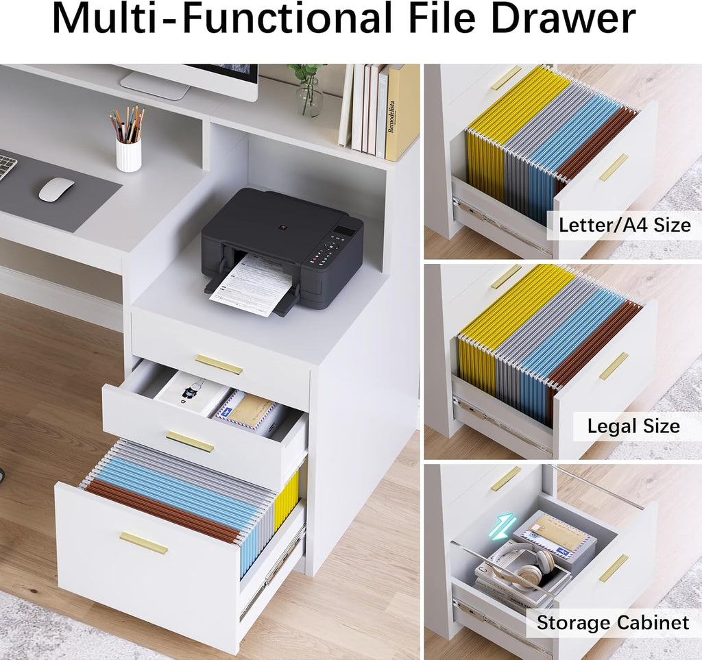 Computer Desk with 3 Drawer & Storage Shelves, Home Office Desk with File Drawer & Cabinet, Writing Study Table with