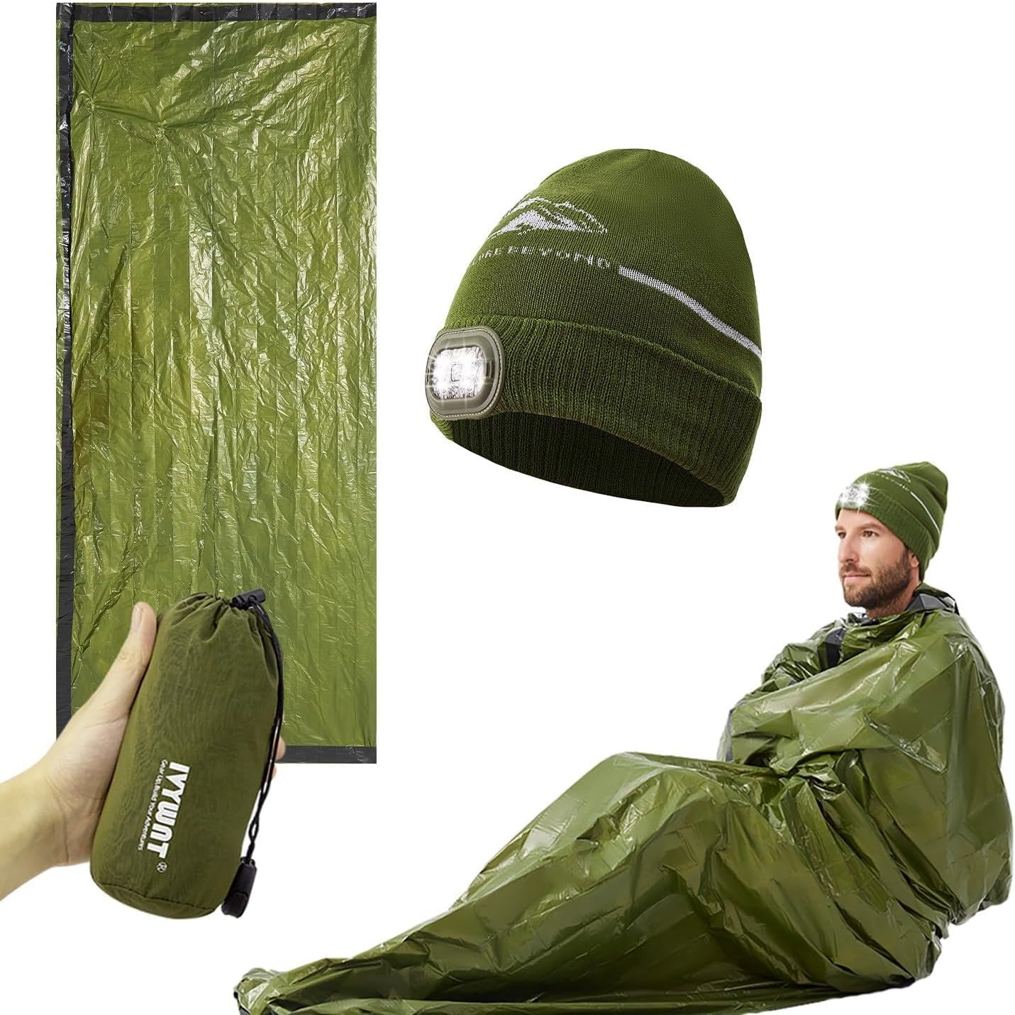 Emergency Sleeping Bag & LED Beanie Hat Set, Waterproof Thermal Mylar Bivy Sack, Portable Survival Gear for Hiking