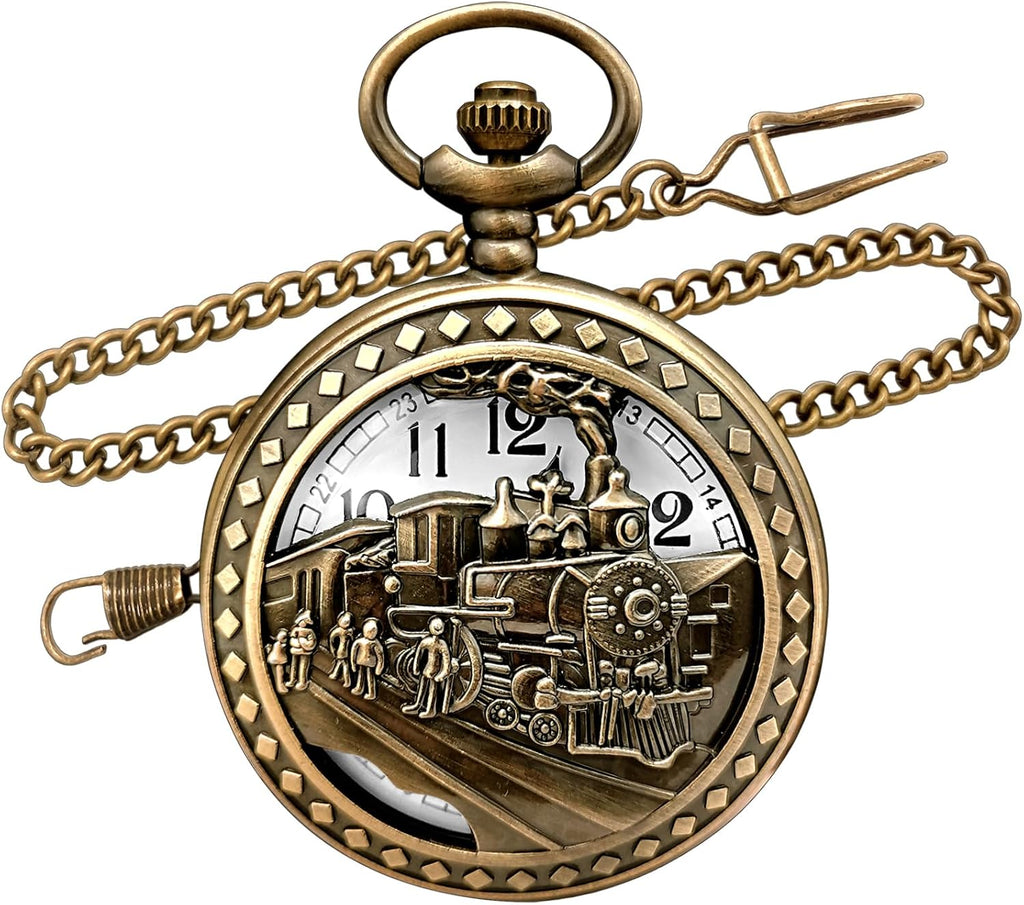 Top Fashion Watches Vintage Bronze Steam Train Mens Quartz Gift Pocket Watch with Chain