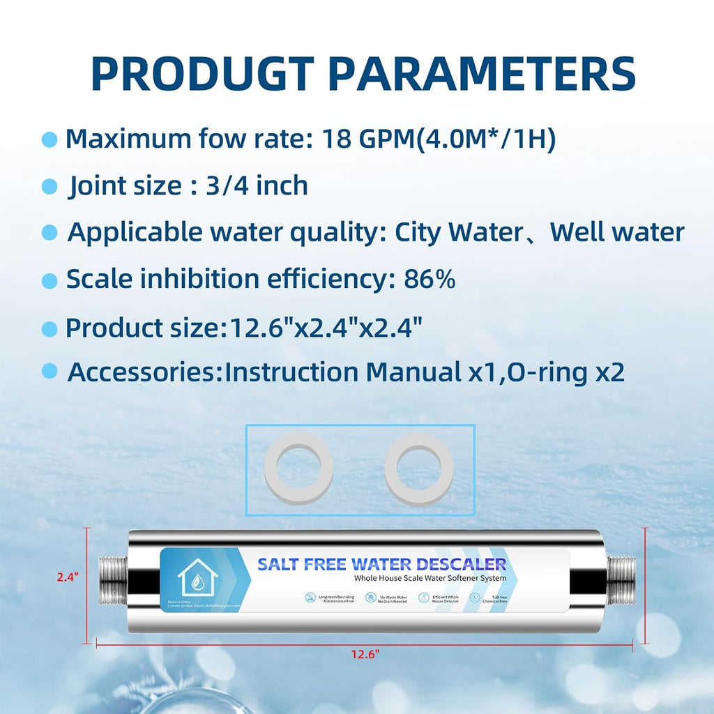 Salt-Free Water Descaler Whole House, Scale Water Softener System, ¾-Inch NPT Water Heater Descaler, Prevent Scale