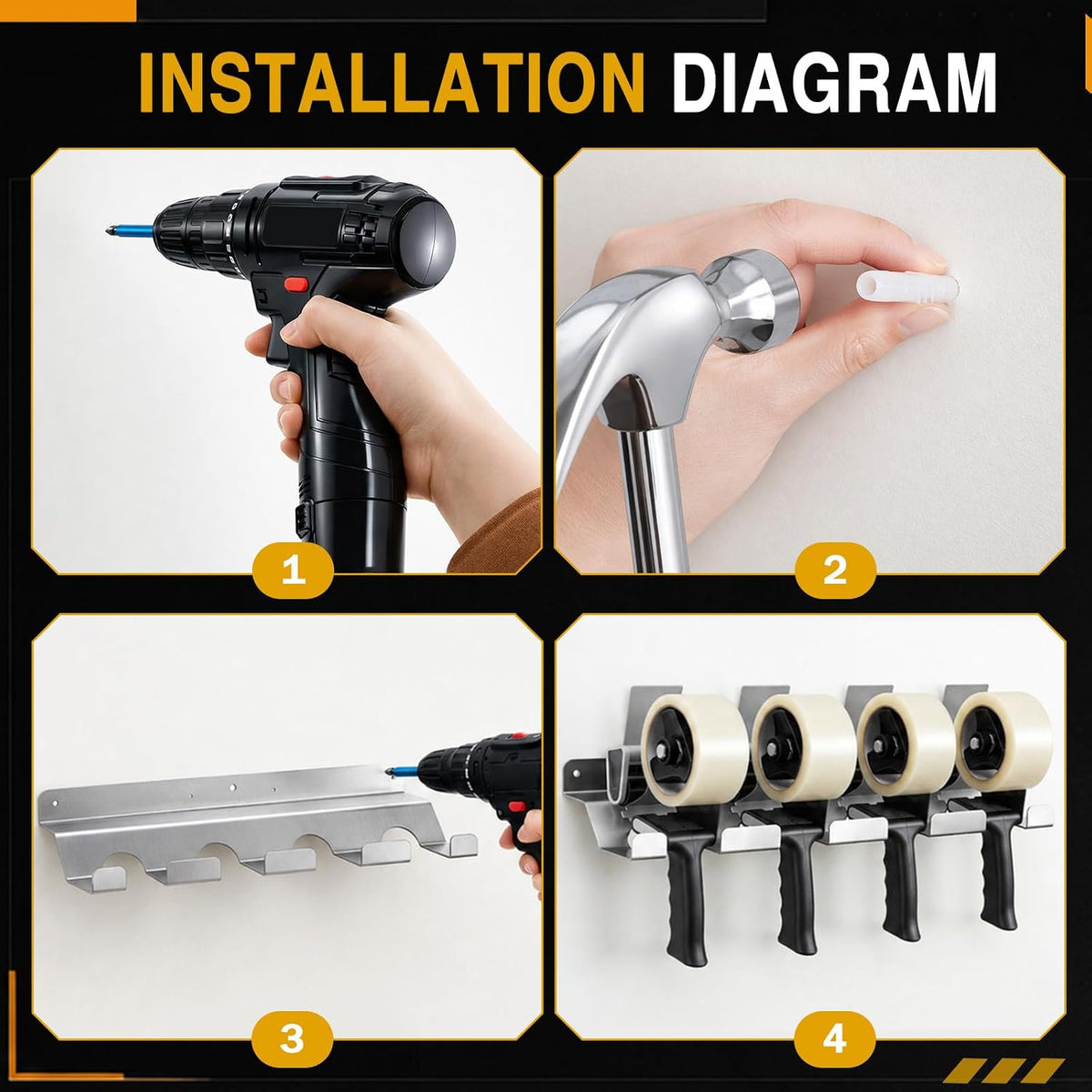 Aluminum Wall Mount Tape Gun Holder Dispenser, Silver, 4 Roll Holder