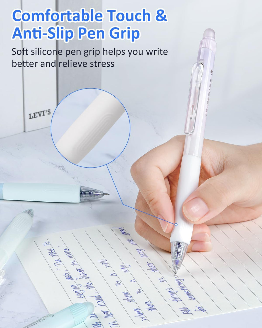 Erasable Pens, 6 Pack Fine Point 0.5mm Blue Erasable Gel Pens | 360°Rotating Erasers, Make Mistakes Disappear
