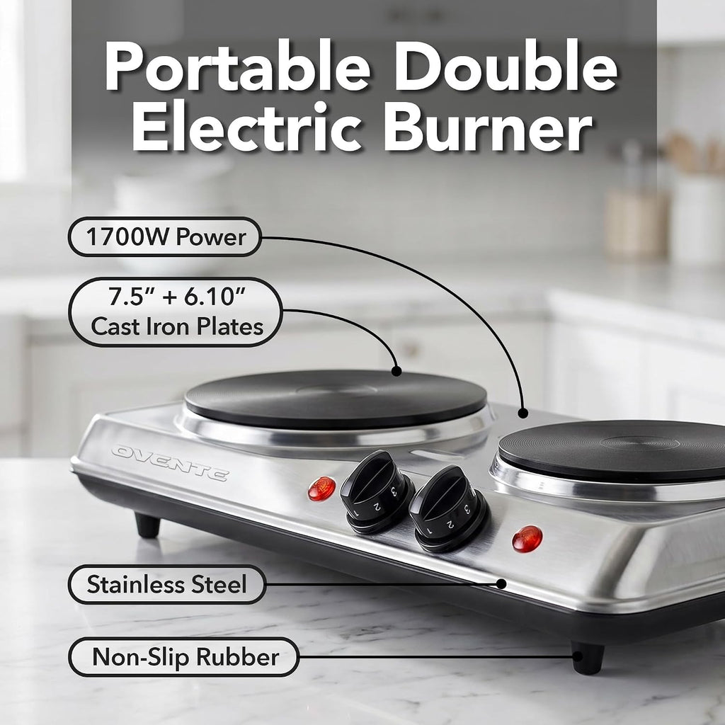 Electric Cast Iron Double Burner, 1700W Hot Plate, Silver BGS102S