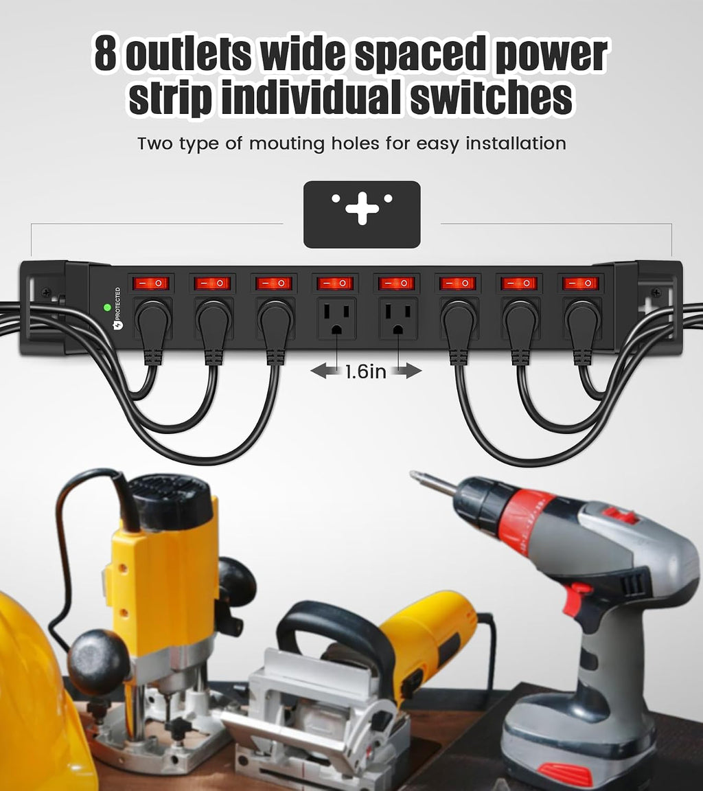 Heavy Duty Power Strip with 8 Outlets,1200J Surge Protector,Black,6FT | Individual Switch with Multiple Outlets,Wall