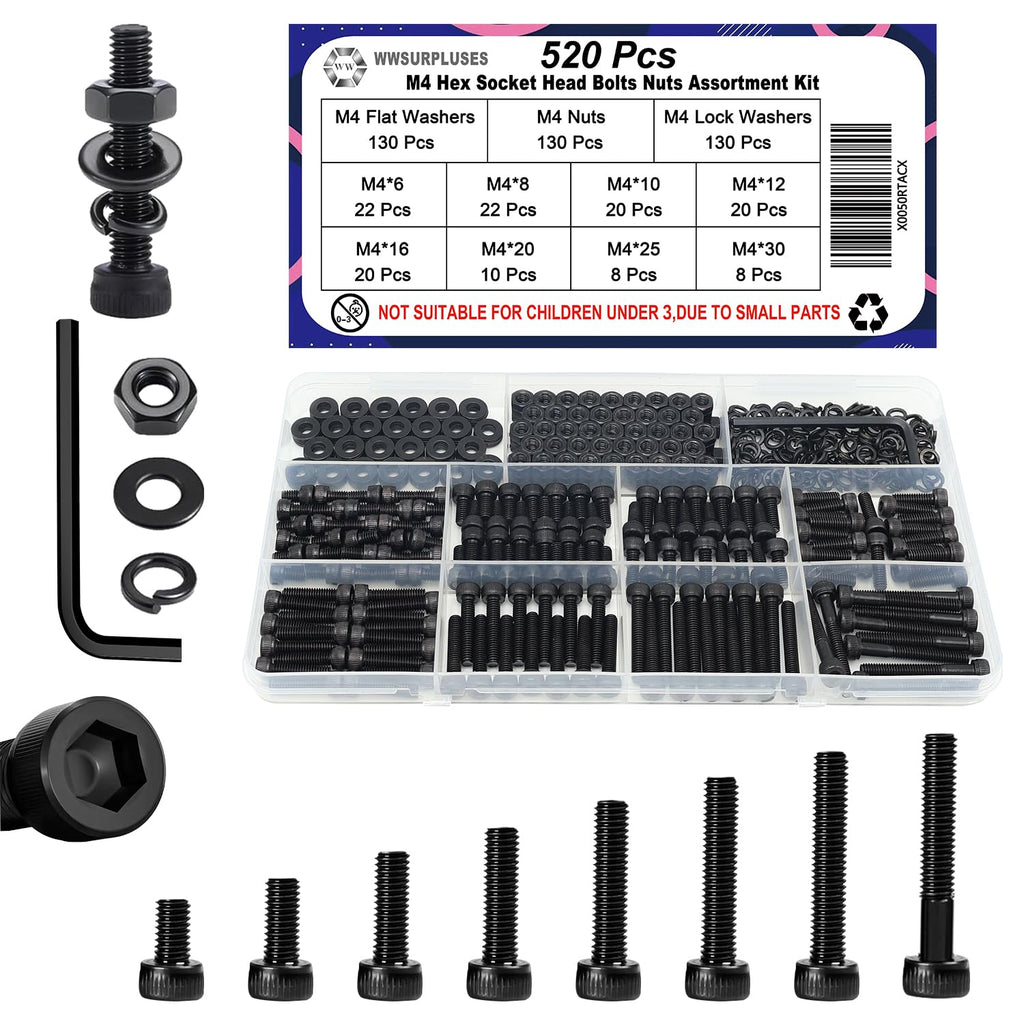 520Pcs M4 Screw Kit, Hex Socket Head Cap M4 Screws, M4 Bolts Nuts Washers