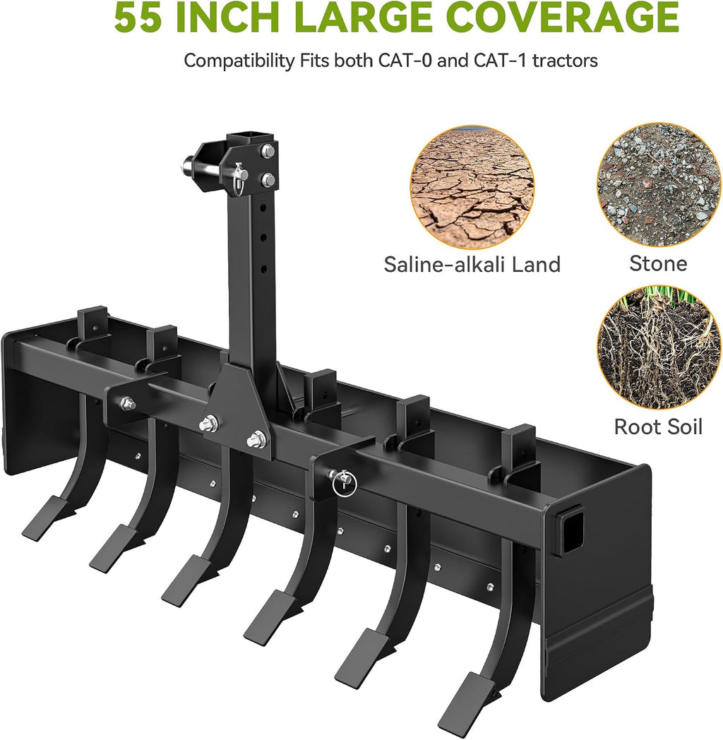 55" Box Blade Tractor Attachment Category 1 Cat 0 Scarifier Shank Great for Leveling, Grading, Landscaping