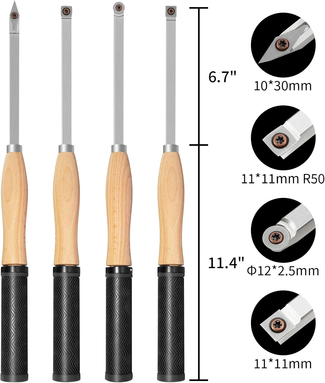 Full Size Carbide Wood Lathe Turning Tool Set with Rubber Handle | 4pcs 18.3 Inch Lathe Roughing and Finishing Tool