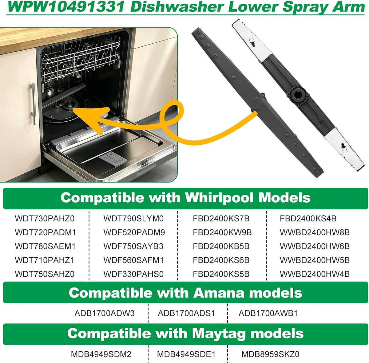 WPW10491331 Dishwasher Lower Spray Arm for Whirlpool, Amana, Ikea Dishwasher Replaces W10491331, PS11755592, 2312843