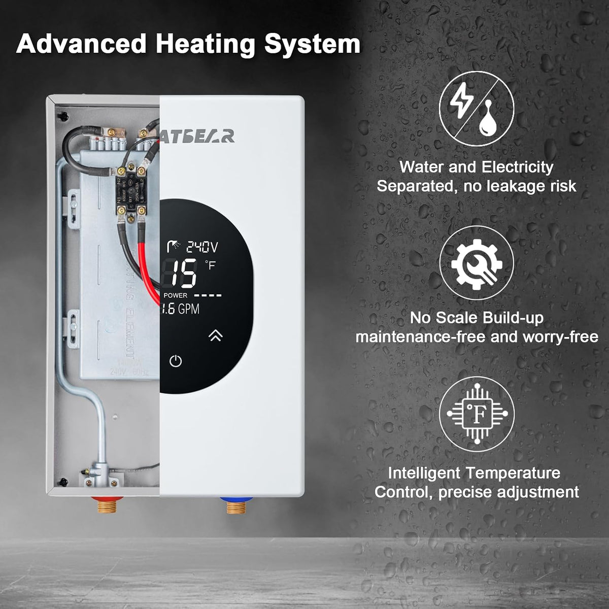 12KW Electric Tankless Water Heater 240V, Self Modulating White Unit | Self-modulating tech keeps steady temp;