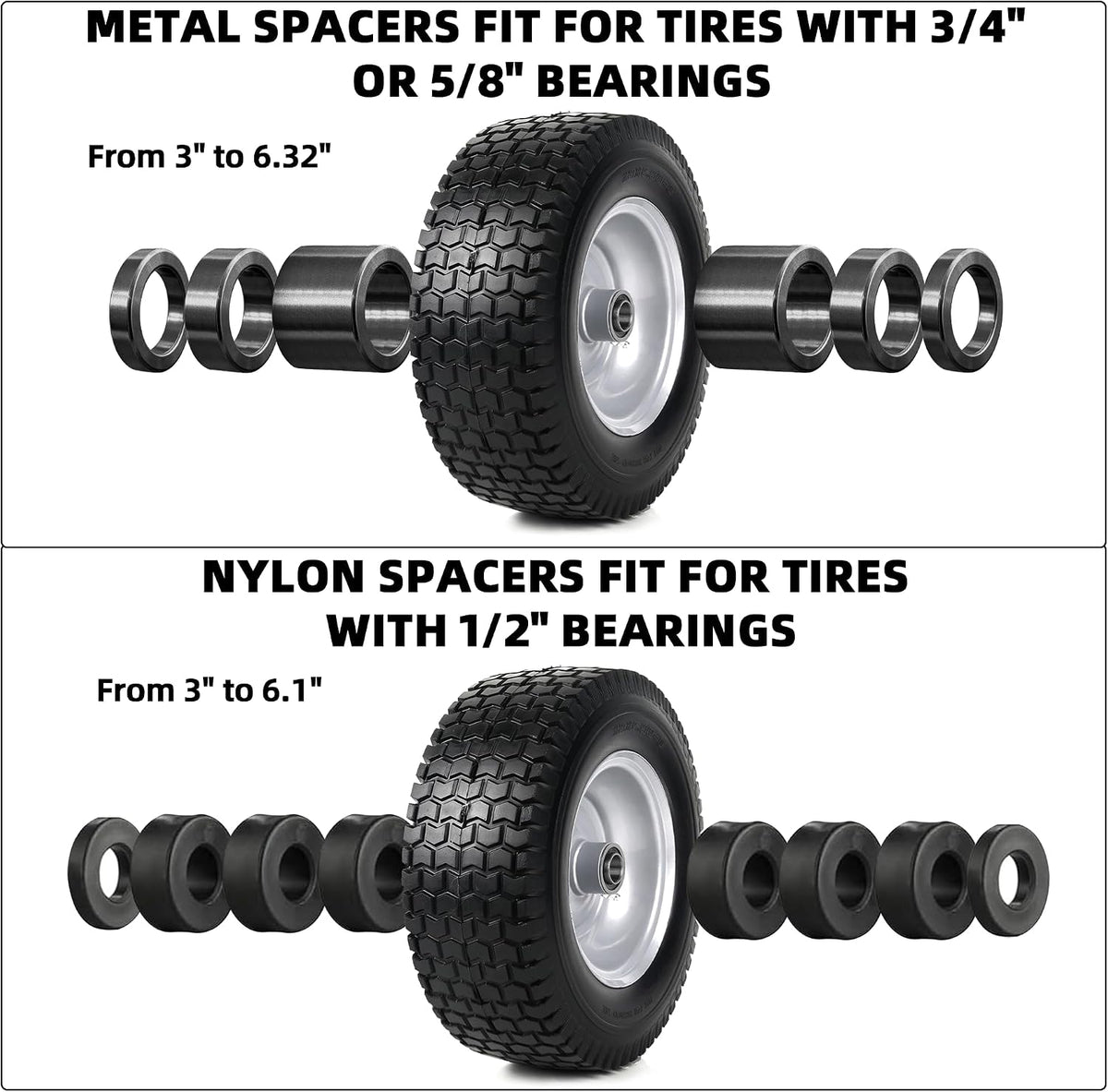 13x5.00-6 Flat-Free Tire and Wheel Assembly, Solid Lawn Mower Tire with 3/4" Bore Bearings & 3"-6.32" Centered Hub