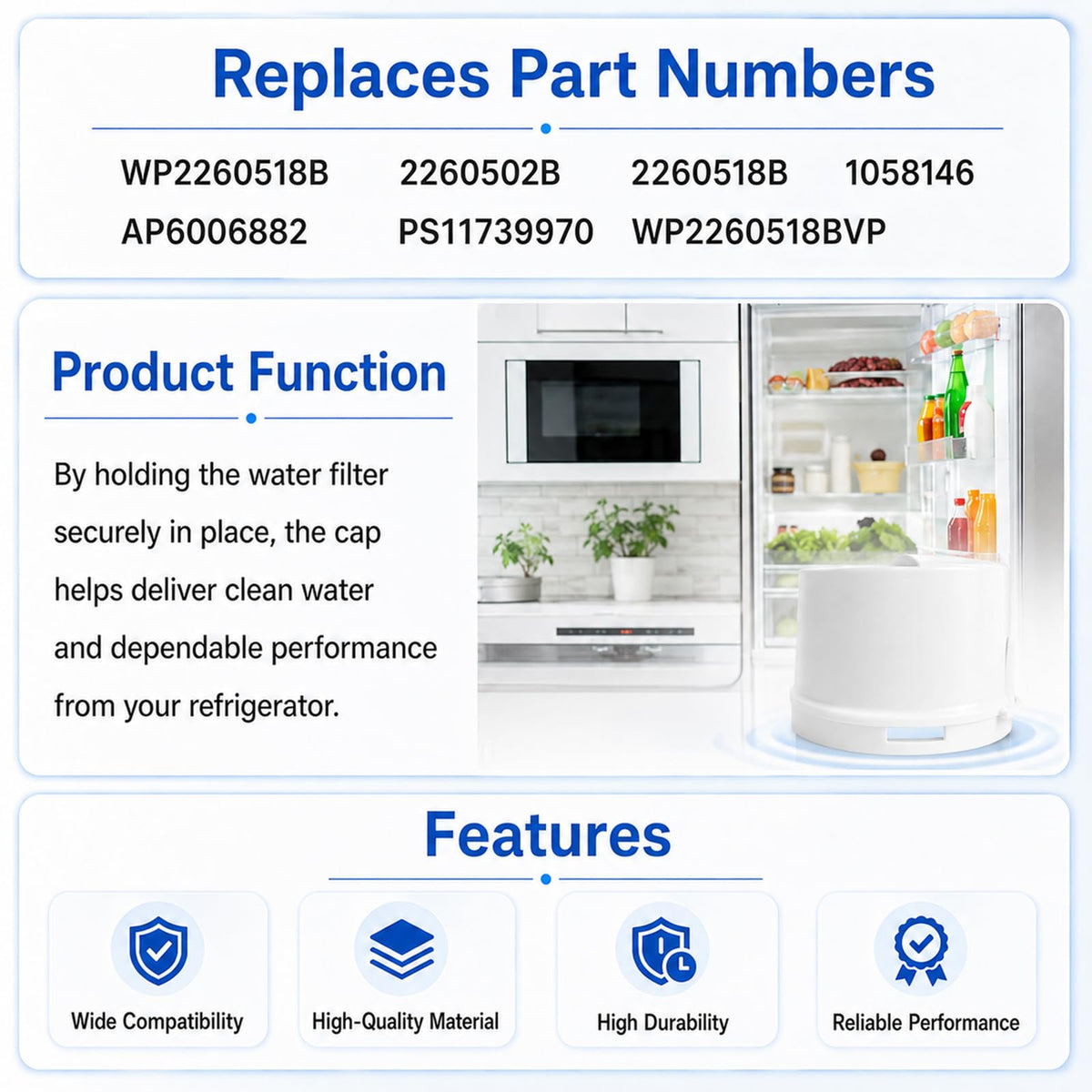 WP2260518W Refrigerator Water Filter Cap Replacement, Replaces 2260502B